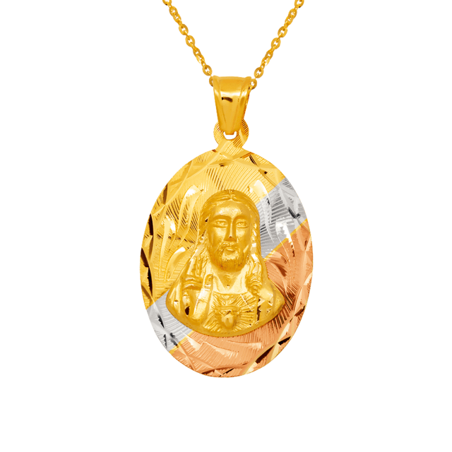 14K Yellow,Tricolor Gold Diamond Cut Oval Sacred Heart Scapular Pendant