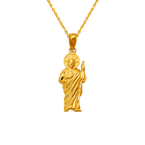 14K Yellow Gold High Polished Diamond Cut San Judas Religious Pendant – Size 8x19mm, Color Yellow