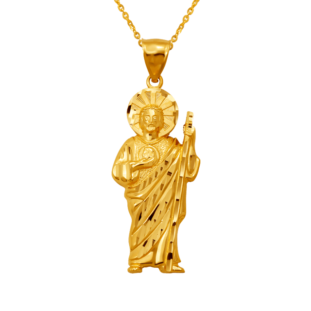 14K Yellow Gold High Polished Diamond Cut San Judas Religious Pendant