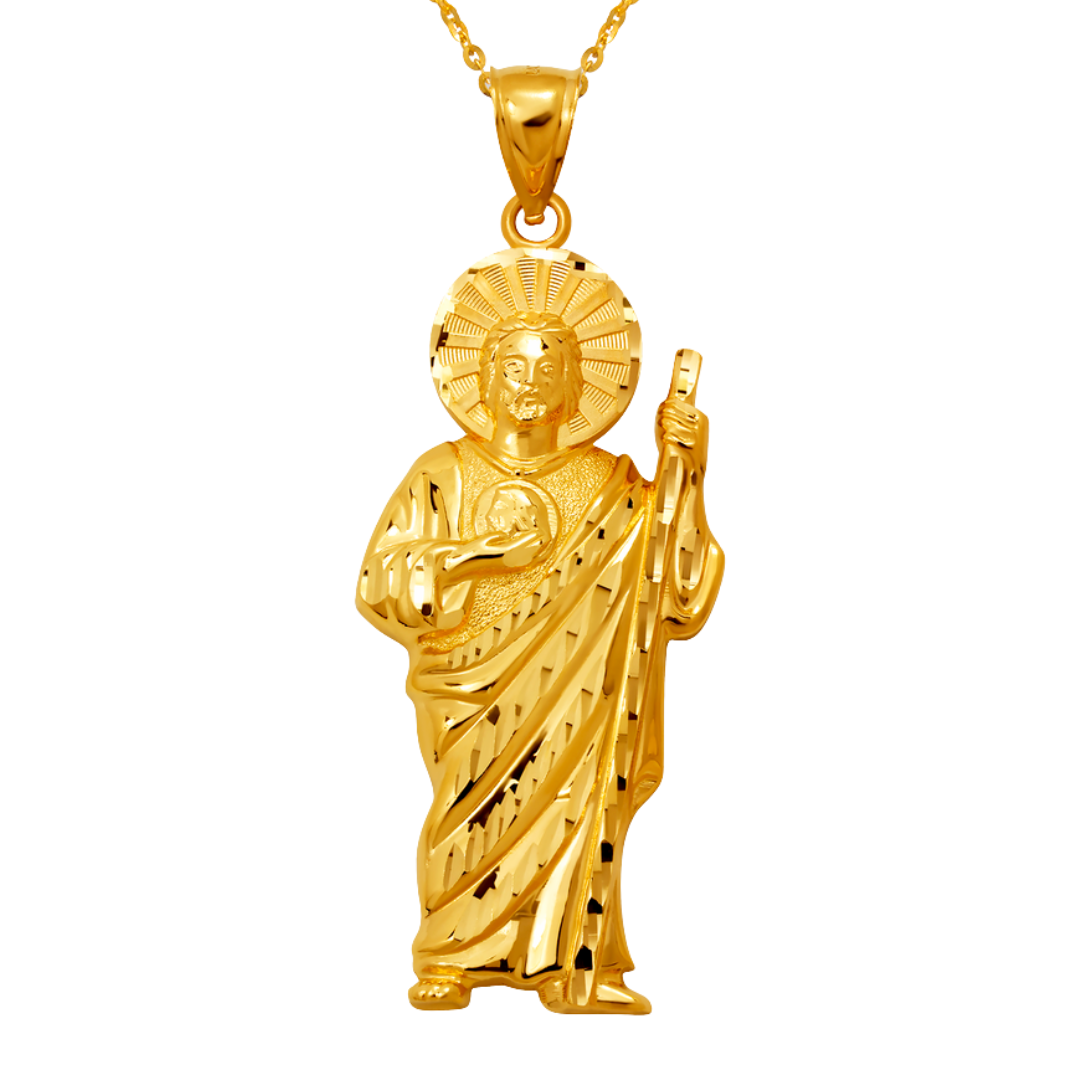 14K Yellow Gold High Polished Diamond Cut San Judas Religious Pendant