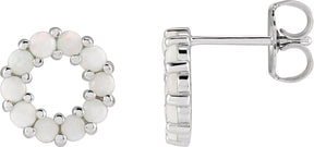 Platinum Round Natural White Opal Halo-Style Cabochon Earrings