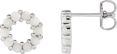 Platinum Round Natural White Opal Halo-Style Cabochon Earrings