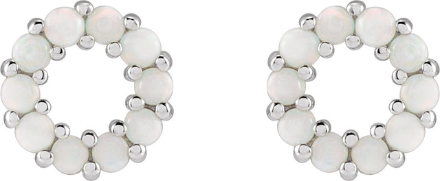 Platinum Round Natural White Opal Halo-Style Cabochon Earrings - view 2