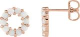 14K Gold Round Natural White Opal Halo-Style Cabochon Earrings - Rose Gold