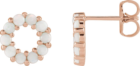 14K Gold Round Natural White Opal Halo-Style Cabochon Earrings - Rose Gold