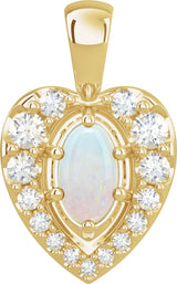 14K Gold Oval Natural White Opal & Natural Diamond Halo-Style Cabochon Necklace or Pendant – 1/8 CTW - Yellow Gold