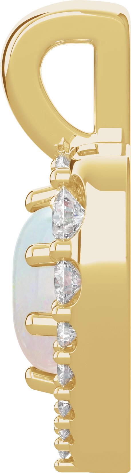 14K Gold Oval Natural White Opal & Natural Diamond Halo-Style Cabochon Necklace or Pendant – 1/8 CTW - Yellow Gold - view 2