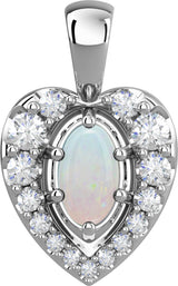 Platinum Oval Natural White Opal & Natural Diamond Halo-Style Cabochon Necklace or Pendant – 1/8 CTW