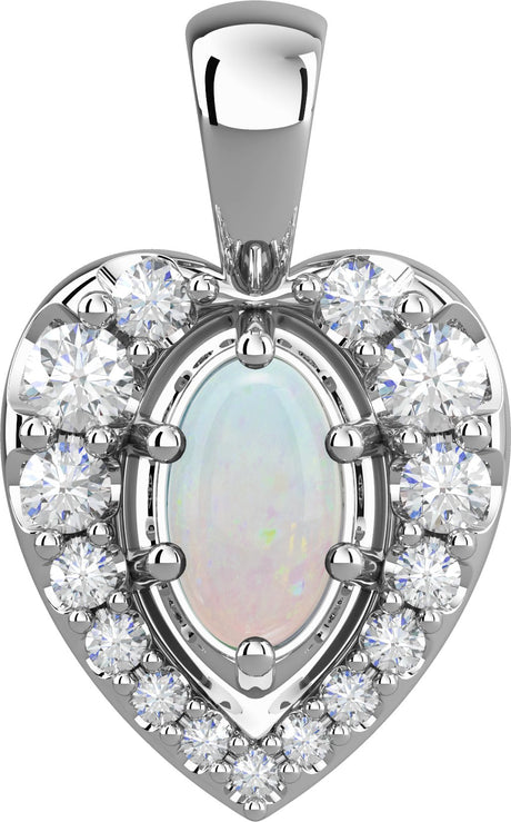 Platinum Oval Natural White Opal & Natural Diamond Halo-Style Cabochon Necklace or Pendant – 1/8 CTW