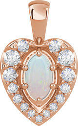 14K Gold Oval Natural White Opal & Natural Diamond Halo-Style Cabochon Necklace or Pendant – 1/8 CTW - Rose Gold