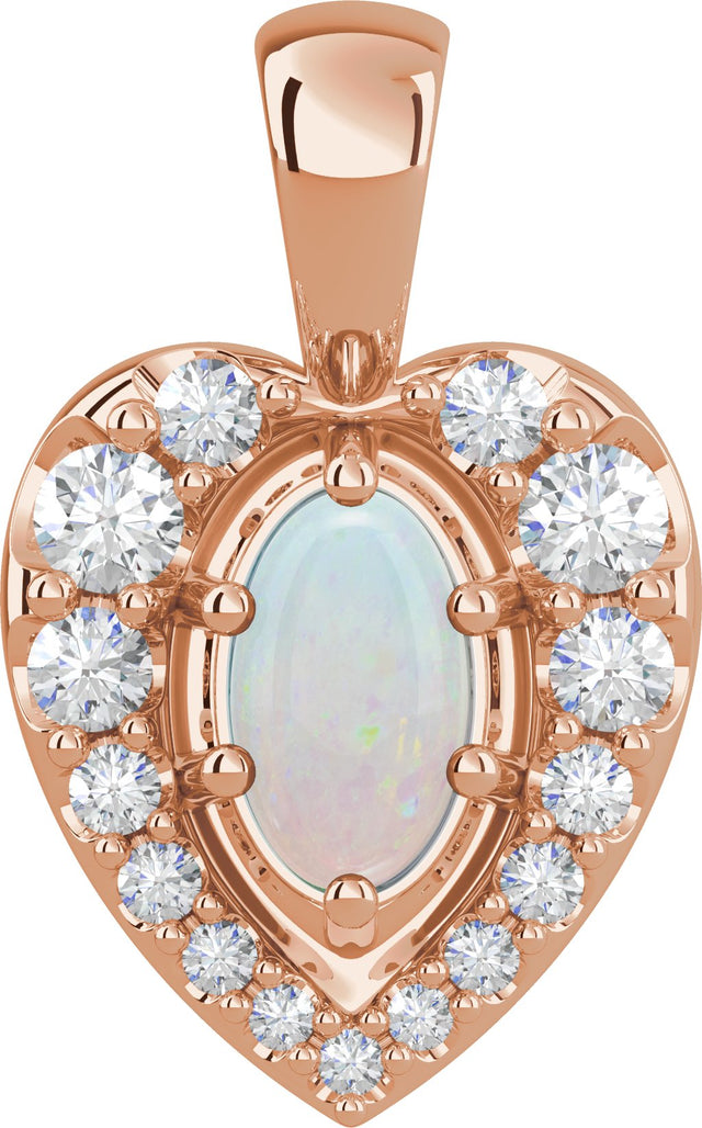 14K Gold Oval Natural White Opal & Natural Diamond Halo-Style Cabochon Necklace or Pendant – 1/8 CTW - Rose Gold