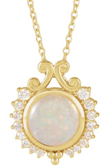 14K Gold Round Natural White Opal & Natural Diamond Cabochon Necklace or Pendant - Yellow Gold
