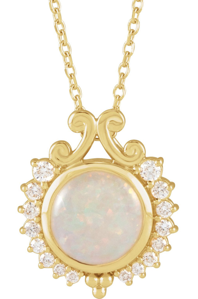 14K Gold Round Natural White Opal & Natural Diamond Cabochon Necklace or Pendant - Yellow Gold