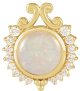 14K Gold Round Natural White Opal & Natural Diamond Cabochon Necklace or Pendant - Yellow Gold