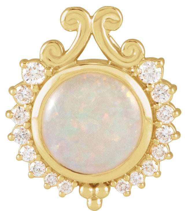 14K Gold Round Natural White Opal & Natural Diamond Cabochon Necklace or Pendant - Yellow Gold
