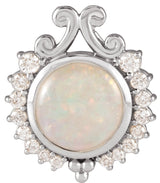 14K Gold Round Natural White Opal & Natural Diamond Cabochon Necklace or Pendant - White Gold
