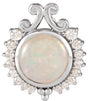 14K Gold Round Natural White Opal & Natural Diamond Cabochon Necklace or Pendant - White Gold