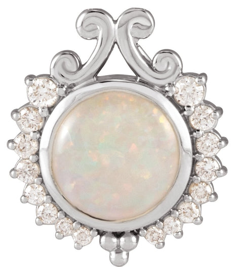 Platinum Round Natural White Opal & Natural Diamond Cabochon Necklace or Pendant