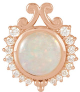 14K Gold Round Natural White Opal & Natural Diamond Cabochon Necklace or Pendant - Rose Gold