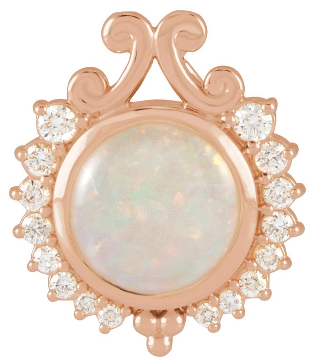 14K Gold Round Natural White Opal & Natural Diamond Cabochon Necklace or Pendant - Rose Gold
