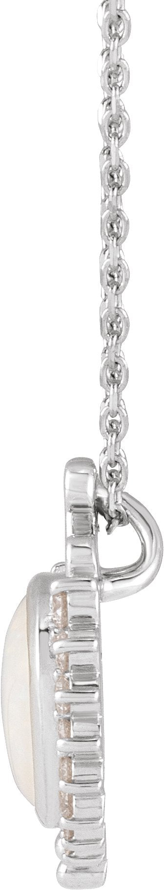 14K Gold Round Natural White Opal & Natural Diamond Cabochon Necklace or Pendant - White Gold - view 2