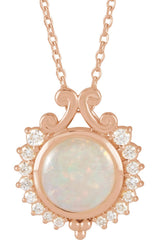 14K Gold Round Natural White Opal & Natural Diamond Cabochon Necklace or Pendant - Rose Gold