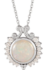 14K Gold Round Natural White Opal & Natural Diamond Cabochon Necklace or Pendant - White Gold