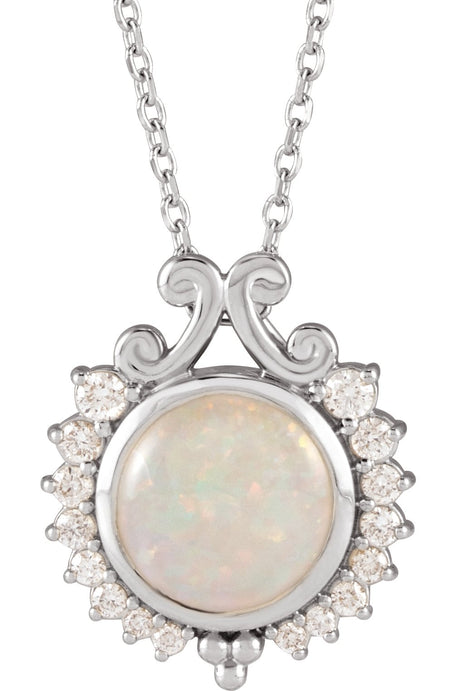 14K Gold Round Natural White Opal & Natural Diamond Cabochon Necklace or Pendant - White Gold