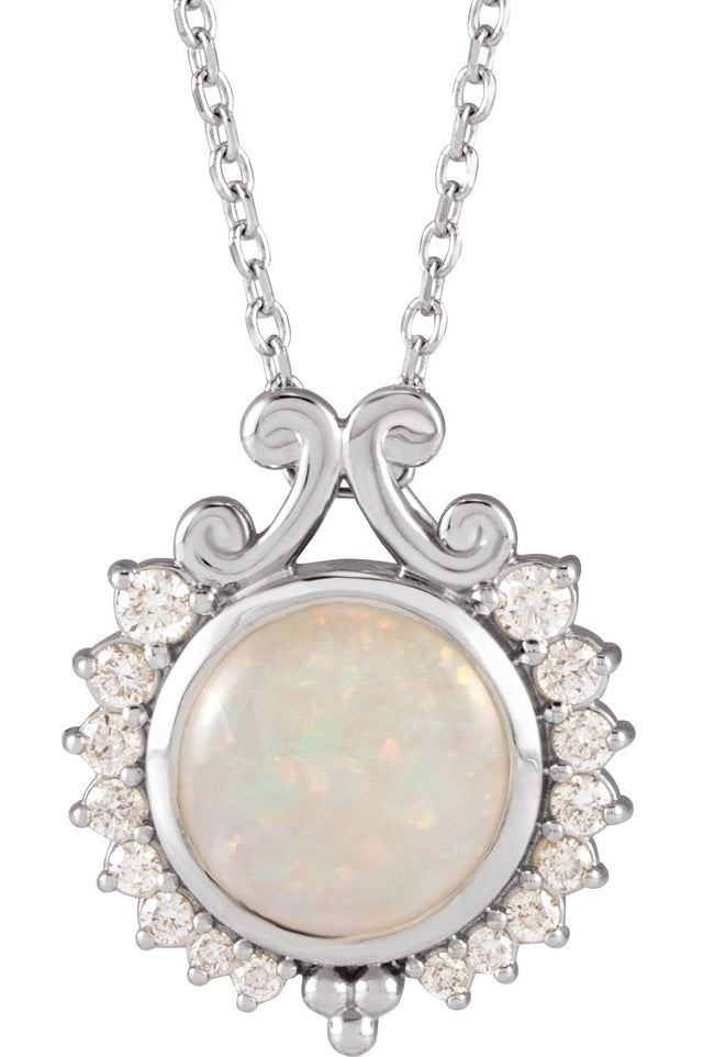 14K Gold Round Natural White Opal & Natural Diamond Cabochon Necklace or Pendant - White Gold