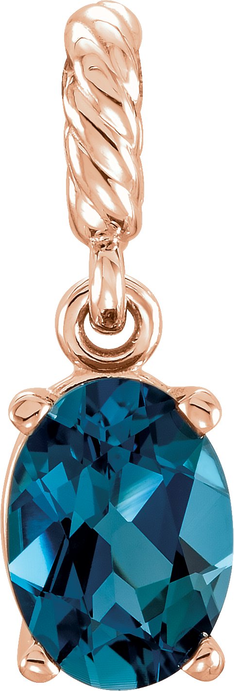 14K Gold Oval Natural London Blue Topaz Rope Pendant - Rose Gold