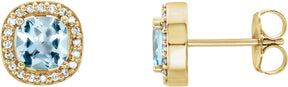14K Gold Natural Sky Blue Topaz & Natural Diamond Cushion 4-Prong Halo-Style Earrings - Yellow Gold