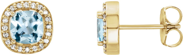 14K Gold Natural Sky Blue Topaz & Natural Diamond Cushion 4-Prong Halo-Style Earrings - Yellow Gold