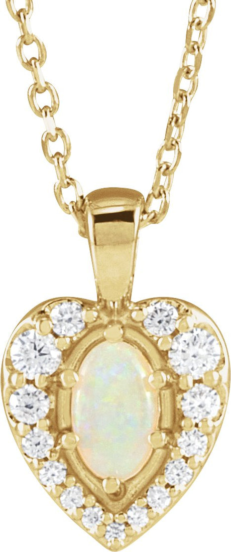 14K Gold Oval Natural White Opal & Natural Diamond Halo-Style Cabochon Necklace or Pendant – 1/8 CTW - Yellow Gold