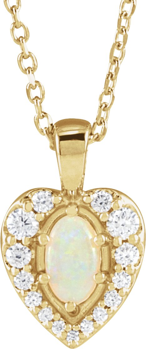 14K Gold Oval Natural White Opal & Natural Diamond Halo-Style Cabochon Necklace or Pendant – 1/8 CTW - Yellow Gold