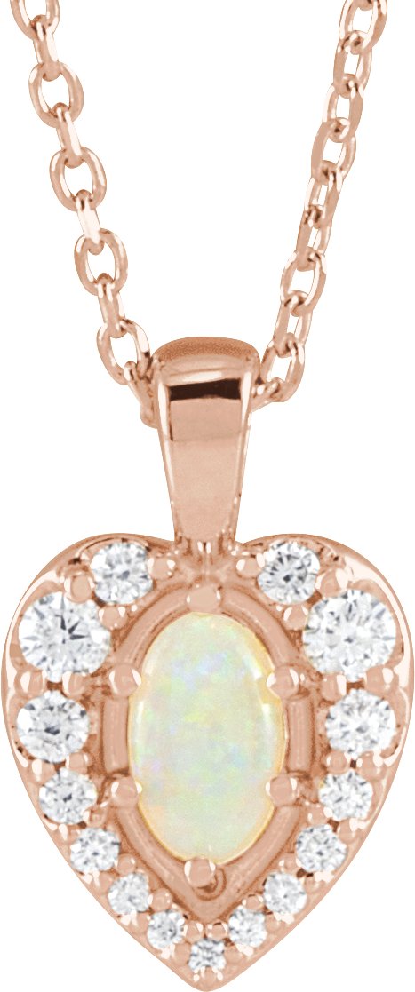 14K Gold Oval Natural White Opal & Natural Diamond Halo-Style Cabochon Necklace or Pendant – 1/8 CTW - Rose Gold
