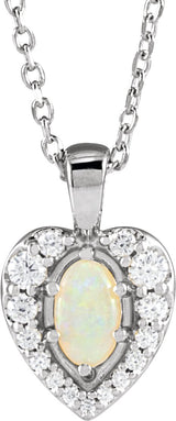 14K Gold Oval Natural White Opal & Natural Diamond Halo-Style Cabochon Necklace or Pendant – 1/8 CTW - White Gold
