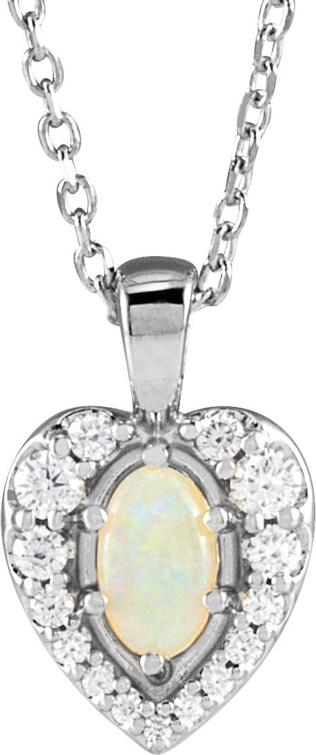 Platinum Oval Natural White Opal & Natural Diamond Halo-Style Cabochon Necklace or Pendant – 1/8 CTW