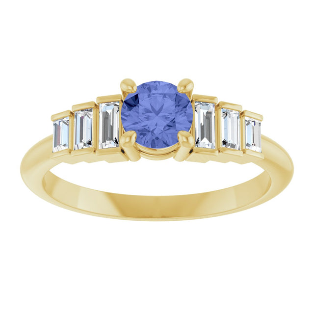 14K Gold Round Natural Tanzanite & Natural Diamond Accented Ring - Yellow Gold - view 3