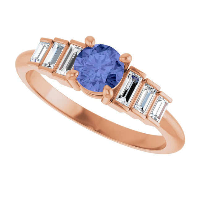 14K Gold Round Natural Tanzanite & Natural Diamond Accented Ring - Rose Gold - view 5