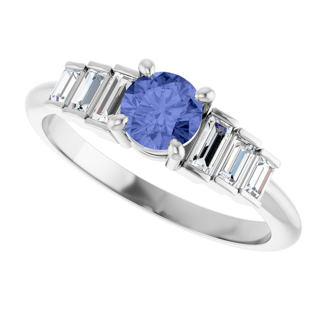 Platinum Round Natural Tanzanite & Natural Diamond Accented Ring - view 5