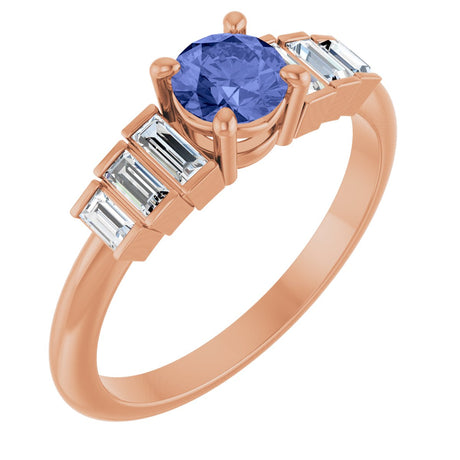 14K Gold Round Natural Tanzanite & Natural Diamond Accented Ring - Rose Gold