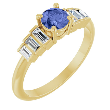 14K Gold Round Natural Tanzanite & Natural Diamond Accented Ring - Yellow Gold