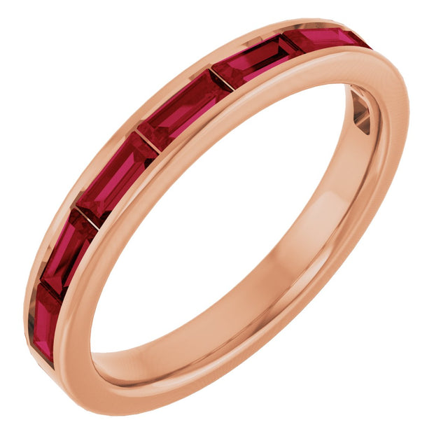 14K Gold Lab-Grown Ruby Straight Baguette Stackable Ring - Rose Gold