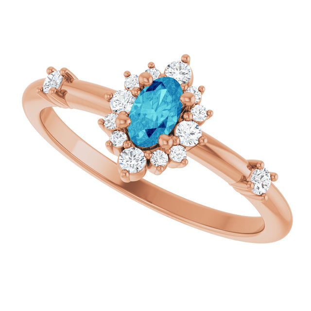 14K Gold Oval Natural Blue Zircon Halo-Style Ring - Rose Gold - view 15