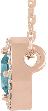 14K Gold Round Natural Blue Zircon Halo-Style Necklace or Pendant - Rose Gold - view 6