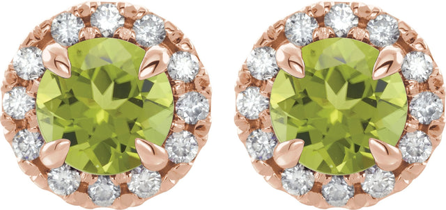 14K Gold Round Natural Peridot French-Set Halo-Style Earrings - Rose Gold - view 5