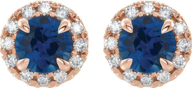 14K Gold Round Lab-Grown Blue Sapphire French-Set Halo-Style Earrings - Rose Gold - view 5
