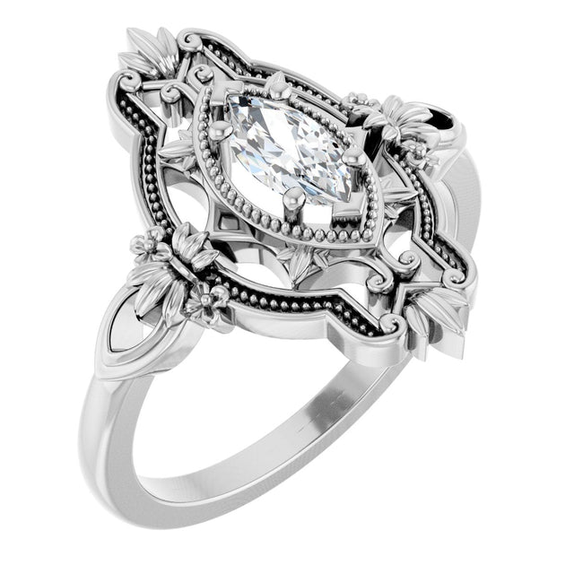Platinum Marquise Lab-Grown Moissanite Vintage-Inspired Ring
