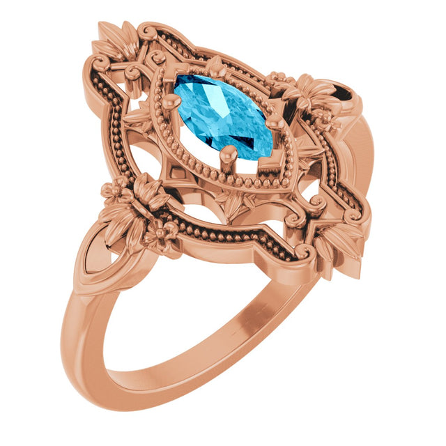 14K Gold Marquise Natural Aquamarine Vintage-Inspired Ring - Rose Gold