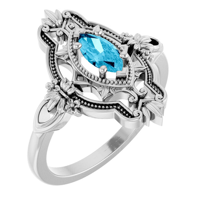 Platinum Marquise Natural Aquamarine Vintage-Inspired Ring
